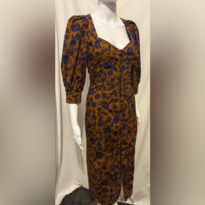 Zara XS Floral Orange And Blue Puff Sleeve Midi Dress Boho Cottagecore Retro
